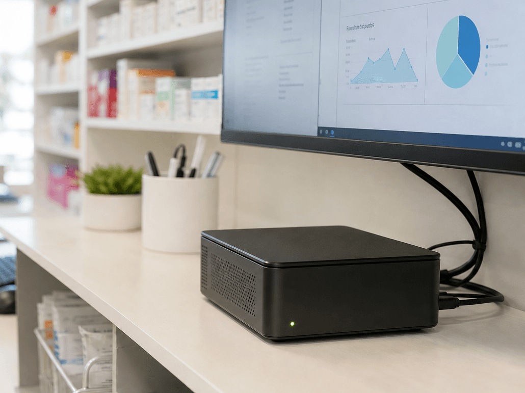 NeuraIQ edge appliance installed on a pharmacy shelf — all processing stays on-premises